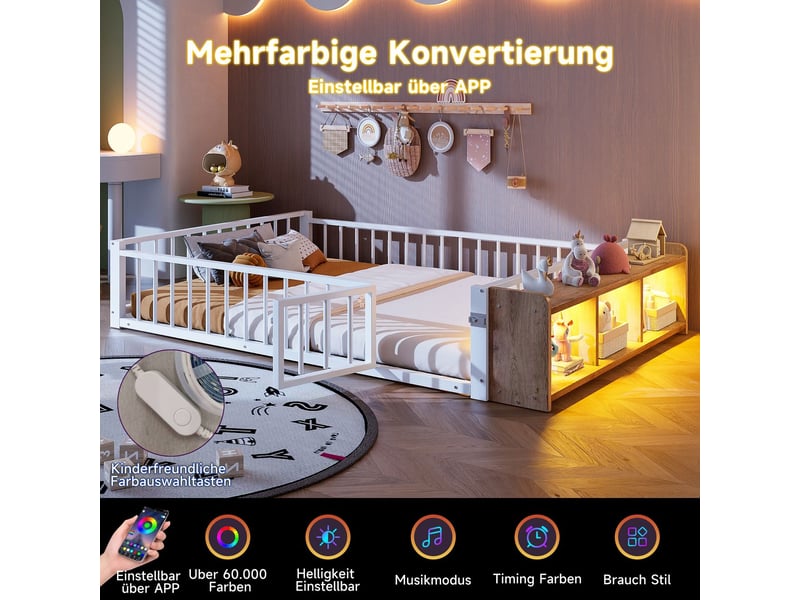  Lit, structure métal, 140 x 200 cm, avec protection latérale, rangement intégré, led  - Conforama E