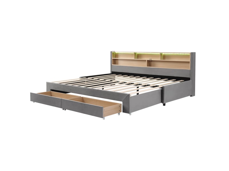  Canapé-lit 90x200 cm, lit enfant, couchage d'appoint, 2 tiroirs, extensible, led, port usb, velours gris  - Conforama B