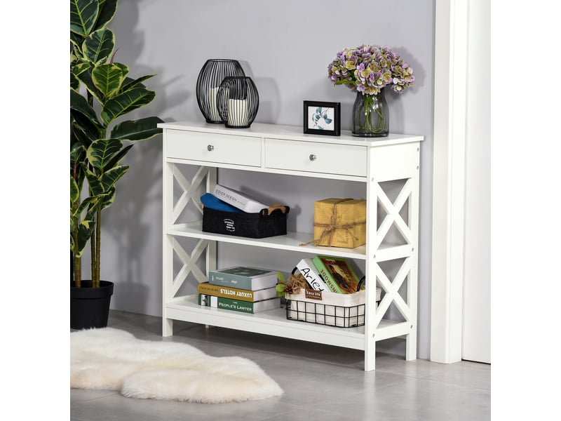  Console d'entrée avec 2 tiroirs et 2 étagères basses, meuble moderne avec piètement anti-basculement surélevé, 100 x 30,5 x 80 cm, blanche  - Conforama C