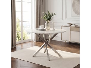 Table à manger ronde,80x80x75 cm,mdf,effet marbre blanc et métal argenté