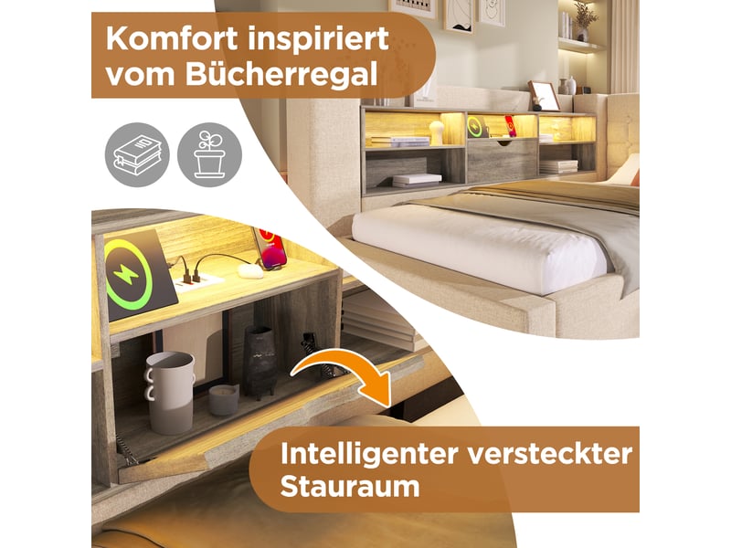 Lit gigogne 90x200 capitonné en lin beige avec led et ports usb - rangement intégré et sommier inclus - Conforama W
