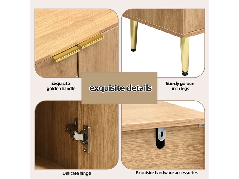  Buffet moderne 140x40x72 cm mdf naturel 4 portes étagères réglables pieds métal doré  - Conforama R