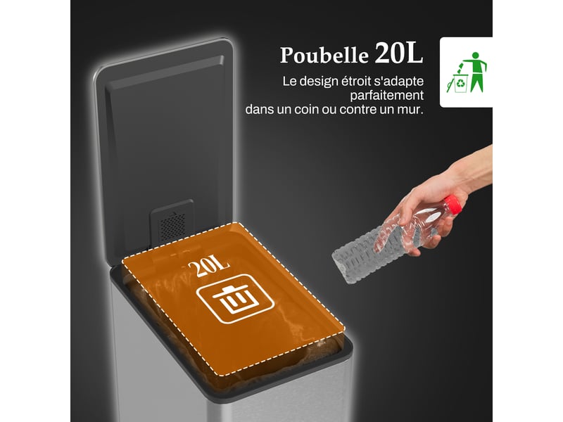  Poubelle de cuisine à pédale 20l en acier inoxydable 21,5x37,2x57 cm  - Conforama D