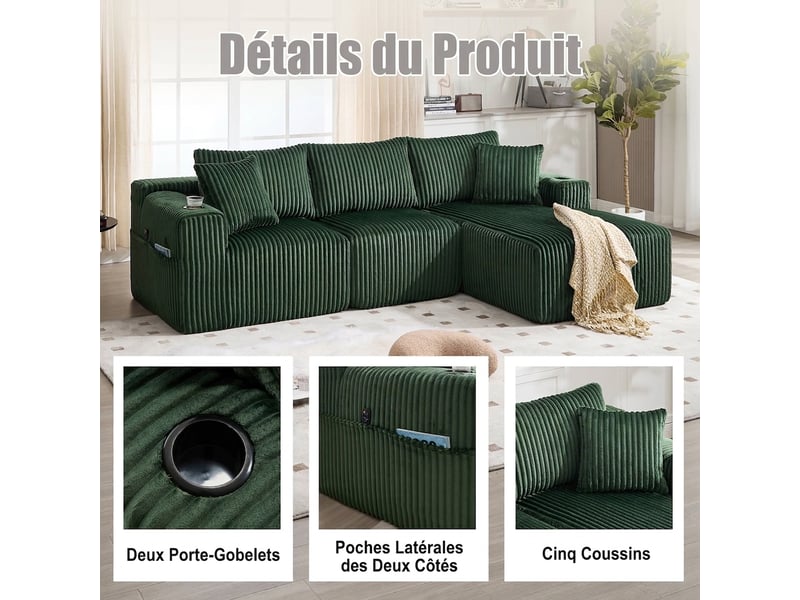  Canapé modulaire avec méridienne en velours côtelé doux 257 x 160 cm 5 coussins et porte-gobelets  - Conforama R