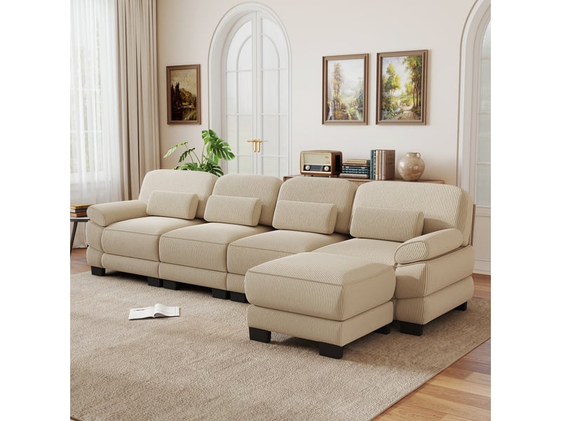  Canapé modulable,336x161x94 cm,4 places avec pouf,velours côtelé,beige  - Conforama B