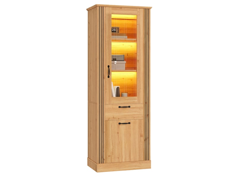  Buffet 62x41x180 cm avec porte, éclairage led piloté par application, tiroir, panneau de particules, couleur naturel  - Conforama A