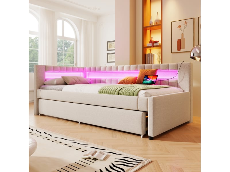  Lit gigogne pour jeune, 90x200 cm et 90x190 cm, led avec télécommande et ports usb et type c, lin et mdf, coloris beige  - Conforama E
