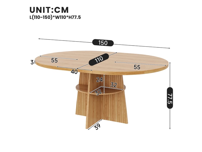  Table à manger ronde extensible 110-150x110 cm en mdf naturel avec étagère intégrée  - Conforama C