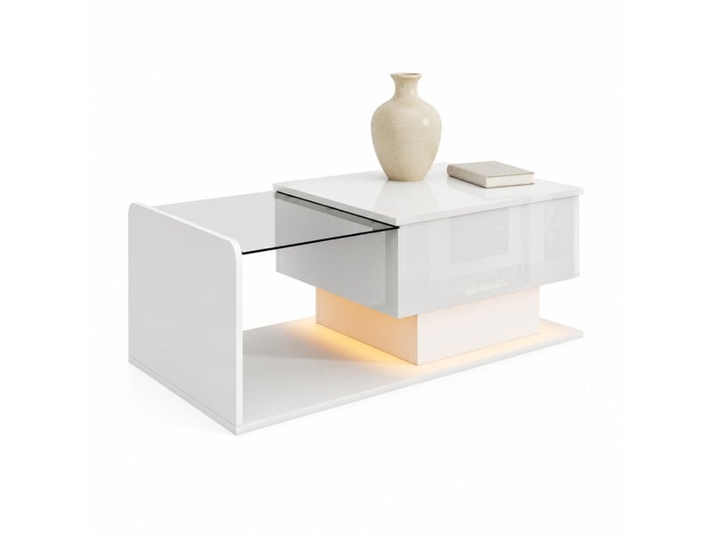  Table basse ulevr relevable avec rangement, led contrôlée par application, plateau en verre trempé, 100 x 50 cm, blanc brillant  - Conforama A