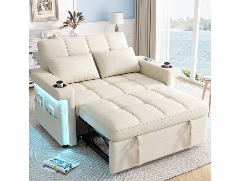 Canapé convertible 2 places avec dossier réglable, led, ports usb et usb-c, porte-gobelets et poches en chenille beige - Conforama B