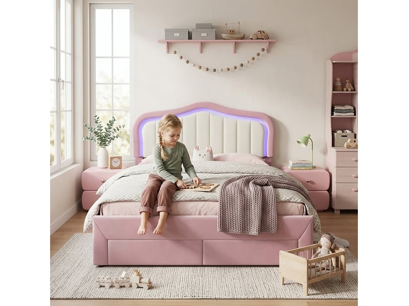 Lit enfant 2 personnes 140x200 cm rose en velours, led avec application et 2 tiroirs, tête blanche, sans matelas  - Conforama E