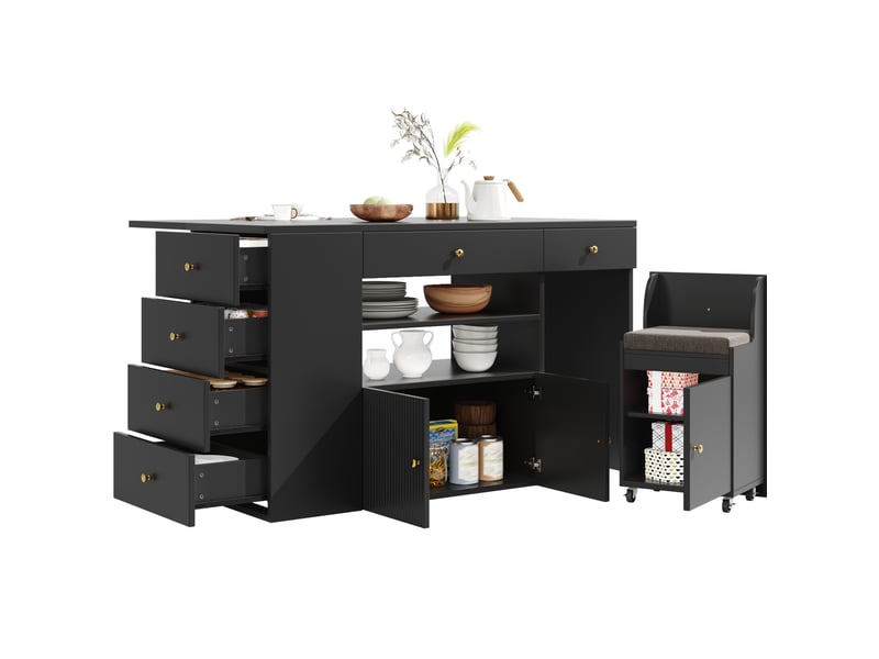  Desserte de cuisine 140x40-70x90,5 cm, avec 6 tiroirs et tabouret de rangement, structure mdf et métal, couleur noir  - Conforama A