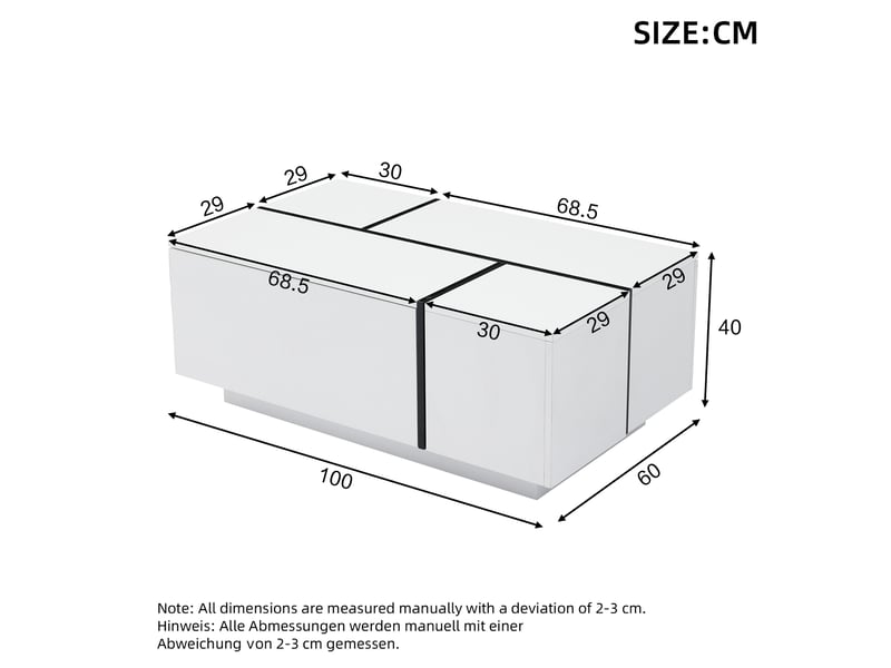  Table basse carrée avec 4 tiroirs et plateau coulissant, finition brillante, pour salon, 100 × 60 × 40 cm, blanc  - Conforama E