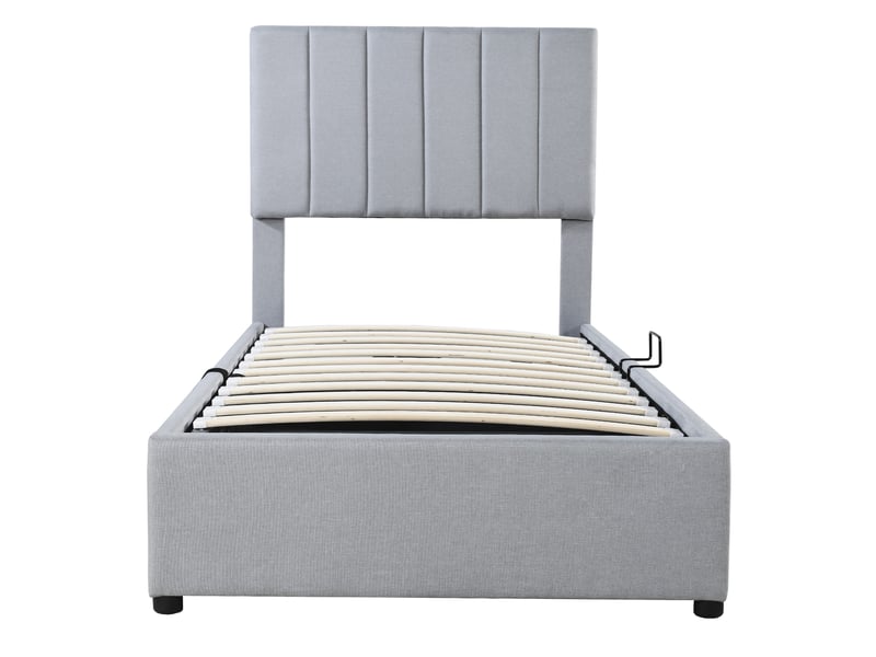 Lit enfant tapissier 90x200 cm lin moderne, rangement hydraulique, tête réglable, sans matelas, gris - Conforama E