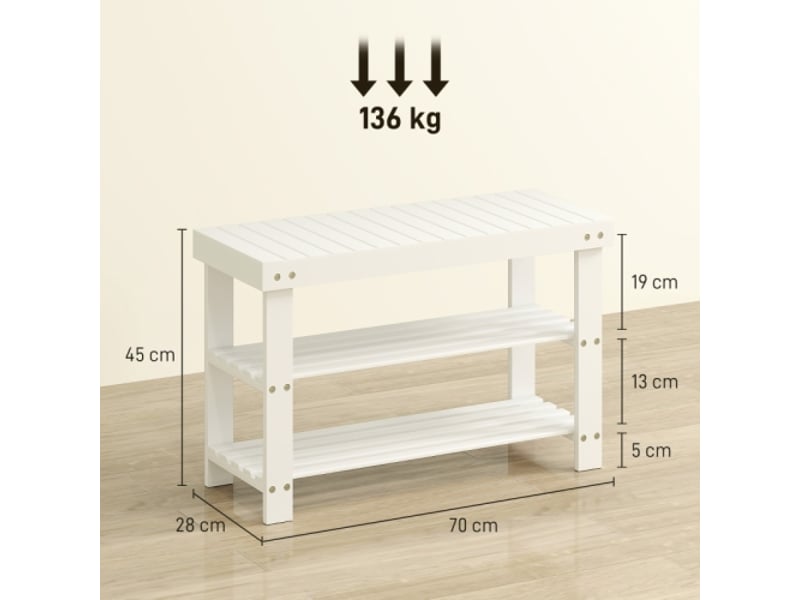  Banc à chaussures blanc en bambou avec 2 étagères et rangement, 70x28x45 cm, pour entrée  - Conforama C