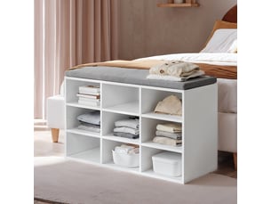 Banc à chaussures, rangement avec siège rembourré, 9 compartiments, étagères ajustables, pour salon, couloir, blanc et gris