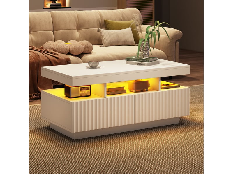  Table basse 100x50x45 cm blanche avec 2 tiroirs et éclairage led  - Conforama D