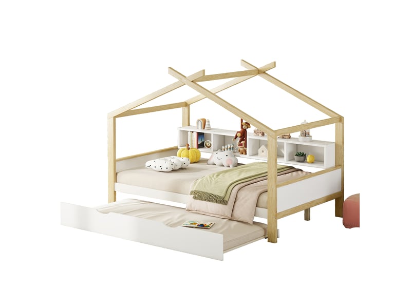 Elvmi lit cabane enfant 140x200 cm avec lit gigogne coulissant, 4 compartiments de rangement latéraux, structure en bois de pin massif et mdf, design maison avec sommier à lattes, coloris naturel et blanc, pour chambre d’enfant - Conforama D