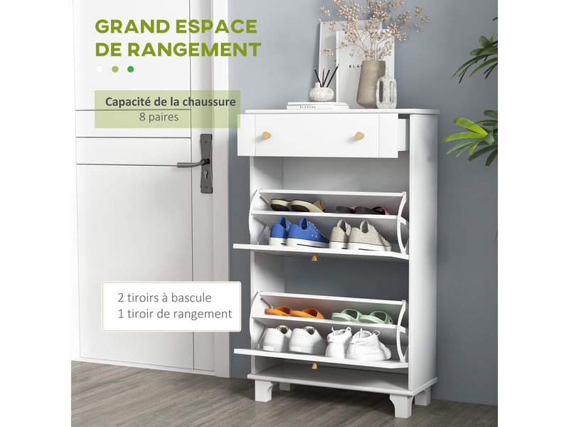  Meuble chaussure entrée étroit avec tiroirs à portes abattants et étagère réglable, 60 x 23,5 x 98,5 cm, blanc  - Conforama E