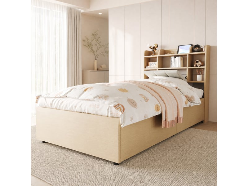  Lit une place 90 x 200 cm avec rangement hydraulique, prises usb et type-c, bois clair  - Conforama B