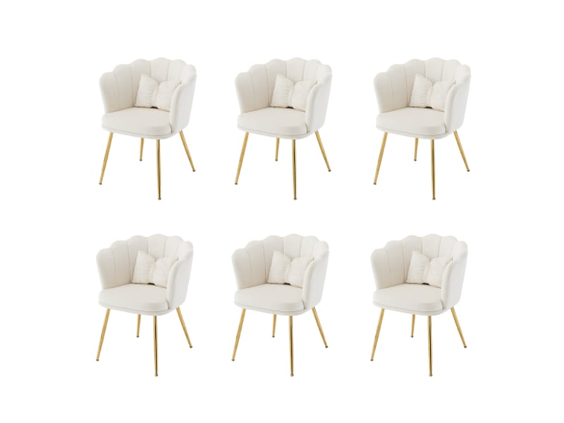  Lot de 6 chaises de salon, chaise rembourrée avec dossier en pétale, pieds en métal plaqué or et coussin papillon, beige, en velours  - Conforama A