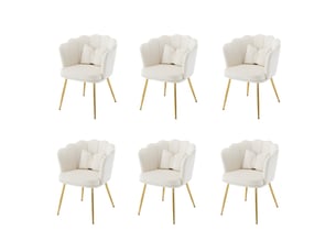 Lot de 6 chaises de salon, chaise rembourrée avec dossier en pétale, pieds en métal plaqué or et coussin papillon, beige, en velours