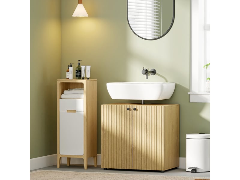  Meuble sous lavabo 60 cm, 2 portes à fermeture douce, bois naturel  - Conforama D