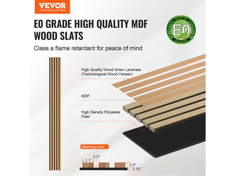  Vevor panneaux acoustiques lattes bois 2400x200 mm, mdf, réduction bruit. Chêne clair.  - Conforama B