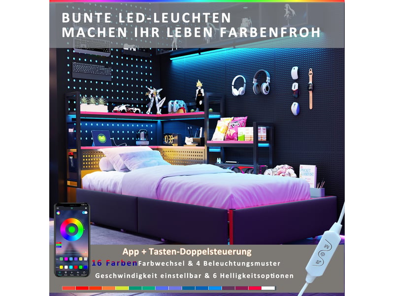  Lit en métal 90x200 cm avec 3 tiroirs, éclairage led, ports usb lit coffre avec panneau perforé et étagères latérales, métal, noir BUYDEEMEUS - Conforama E