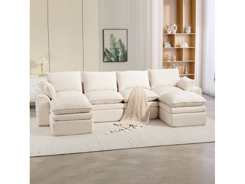  Canapé droit modulable 4 places en velours côtelé beige avec 2 poufs, poches latérales et coussins confortables  - Conforama B