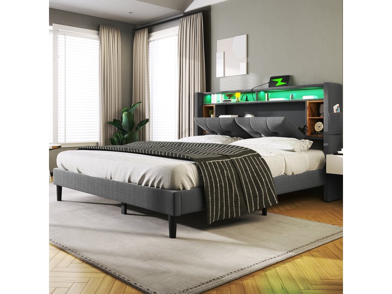  Lit capitonné 140*200cm avec rangement de tête, ports usb, éclairage led et lattes, gris, sans matelas  - Conforama C