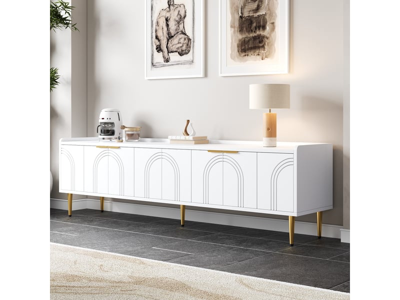  Meuble tv 170x35x47,5 cm – portes texturées – pieds et poignées dorés – meuble bas élégant  - Conforama B