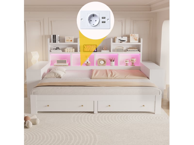  Lit banquette extensible 90x200180x200 cm avec rangements, tiroirs, led et prise, blanc  - Conforama D