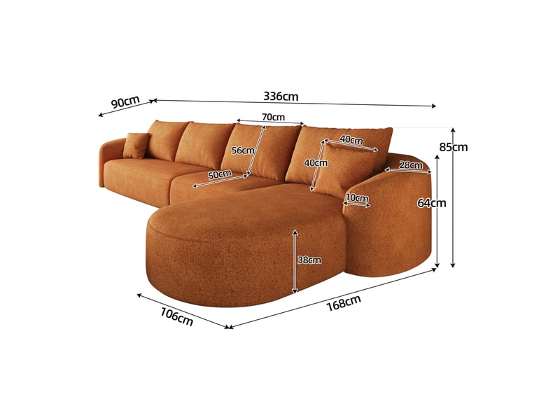  Canapé d’angle droit 4 places en tissu chenille orange, 336x168x85 cm  - Conforama C