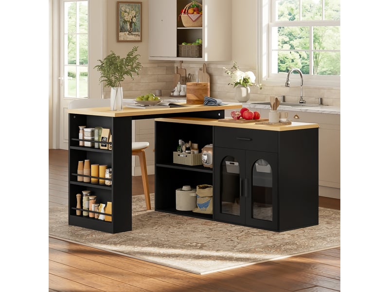  Buffet de cuisine avec 1 tiroir, étagères et plateau pivotant 360° pour cuisine, 136×50×78 cm, noir naturel  - Conforama C