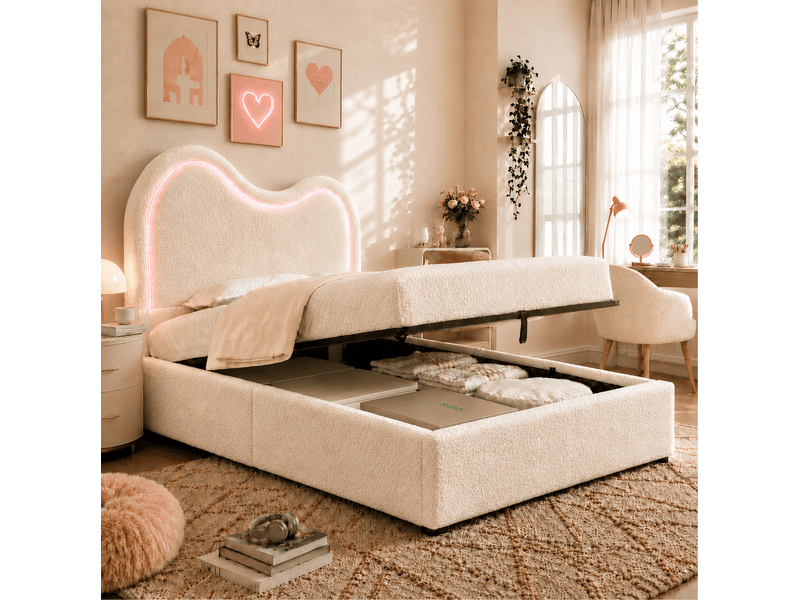  Lit coffre enfant 90 × 200 cm 1 place avec rangement hydraulique et led multicolore, sans matelas, bouclé blanc  - Conforama B