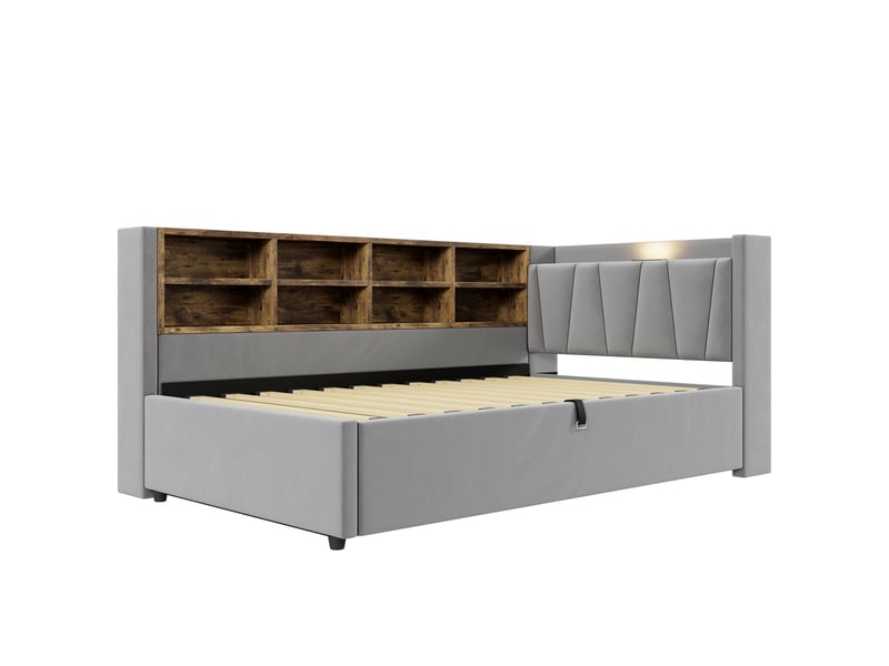  Canapé-lit 90x200, velours gris clair, rangement hydraulique, usb-c, veilleuse  - Conforama D