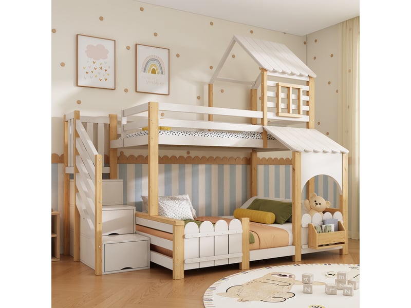  Lit superposé enfant 90x200+140x200 cm - échelle de rangement - avec baldaquin et protection antichute - blanc et naturel (sans matelas)  - Conforama D