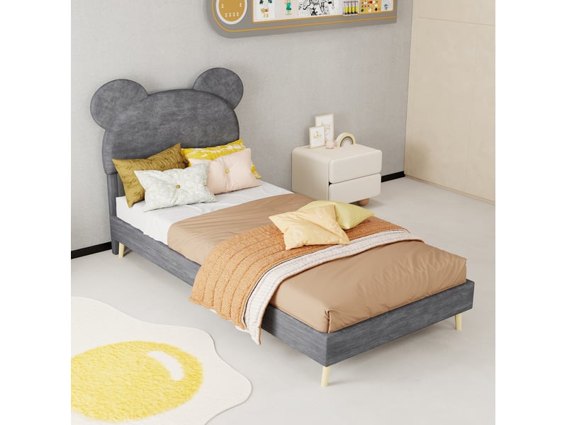  Modenvie lit coffre enfant 90x200 cm - tête de lit rembourrée forme cartoon, sans matelas - gris  - Conforama E