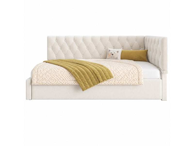  Lit banquette 190×90 cm avec rangement hydraulique et dossier réversible, sans matelas, en velours beige  - Conforama A