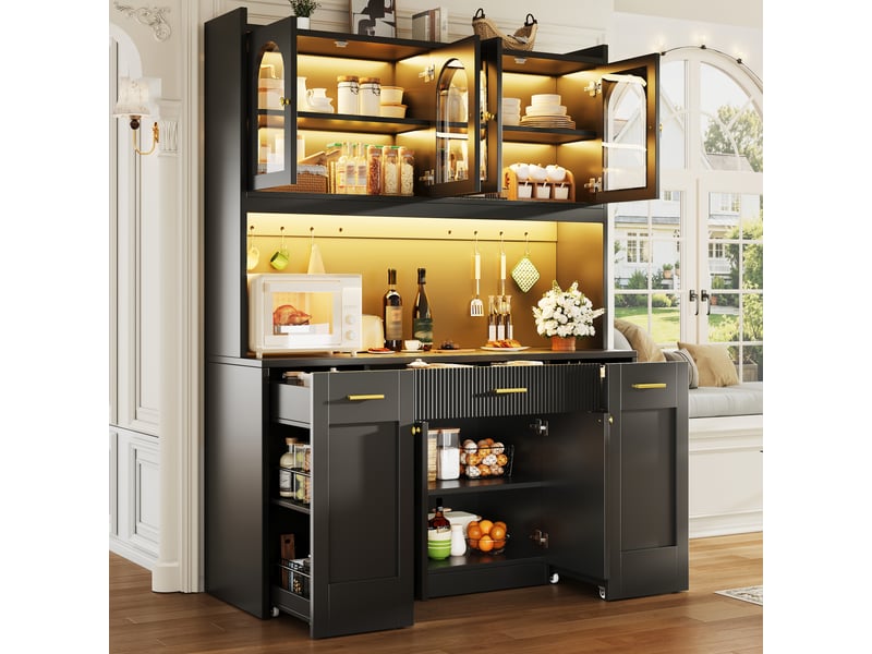 Meuble haut de cuisine 120x40x187 cm, 6 portes et 3 tiroirs, éclairage led rgb, étagères enroulables, noir - Conforama B