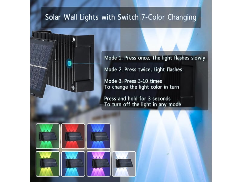  Ensemble de 4 appliques solaires murales d'extérieur – 6 LED RGB, 7 couleurs, éclairage réglable vers le haut et vers le bas, étanches, pour jardin, clôture, terrasse et allée.  - Conforama C