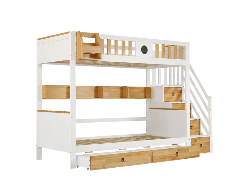  Lit superposé, nombreux rangements, structure en pin et mdf, lit enfant avec 4 casiers dans l'escalier, barrière de sécurité et 2 tiroirs, étagère ouverte, blanc et naturel, 90 x 200 cm  - Conforama E