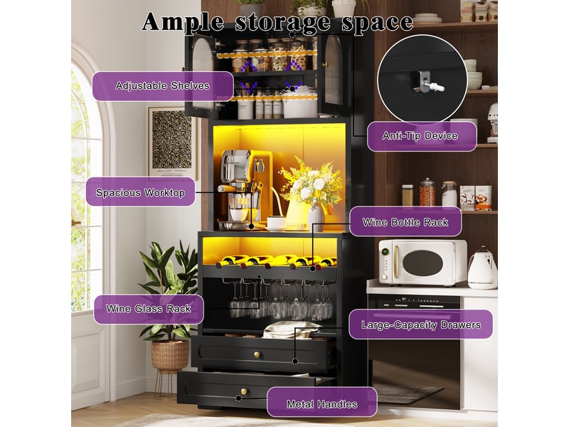 Vitrine haute, coloris noir, 140 × 40 × 180 cm, mdf, métal et verre, portes vitrées cintrées, led pilotable par application  - Conforama D