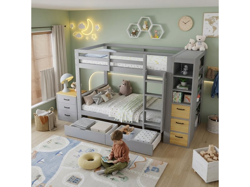 Lit superposé en bois massif et mdf gris clair et naturel 102.5x239 cm - Conforama B