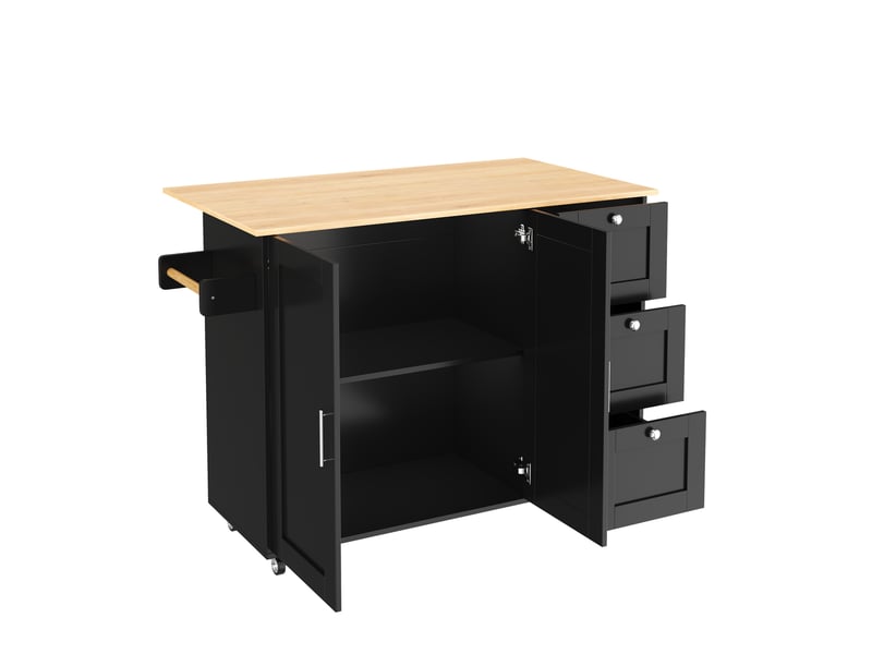  Îlot de cuisine sur roulettes 135 cm avec plateau en chêne, chariot de cuisine avec 3 tiroirs, noir et bois  - Conforama W
