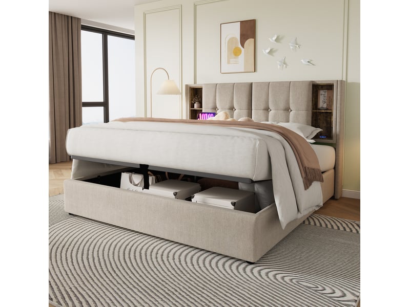  Lit coffre 2 places 180x200 cm, sans matelas, bois naturel, espace de rangement, type-c, usb, doté de recharge sans fil  - Conforama E