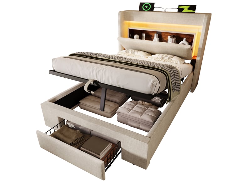  Lit rembourré 90 × 200 cm 1 place avec coffre, tiroir, led réglable et usb type-c, matelas inclus, beige  - Conforama A