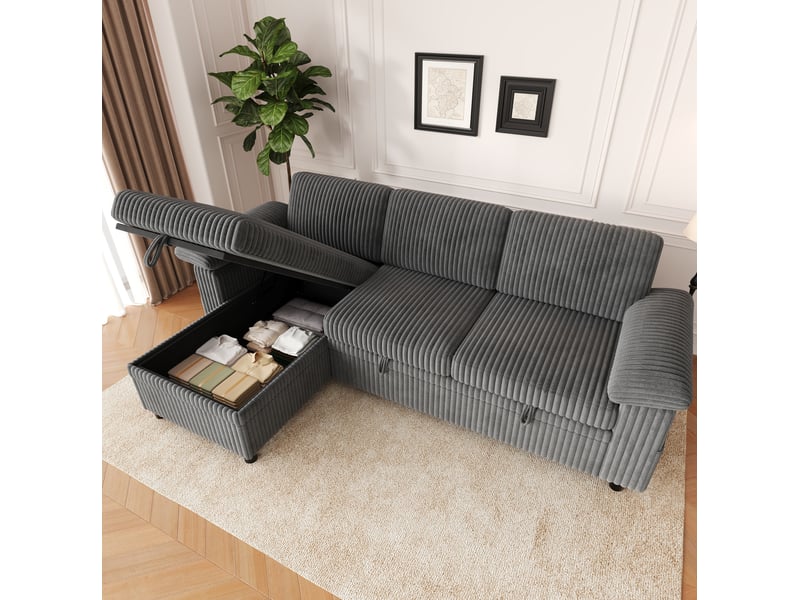  Canapé d’angle convertible 214x138.5x89 cm, méridienne réversible, velours côtelé gris  - Conforama C