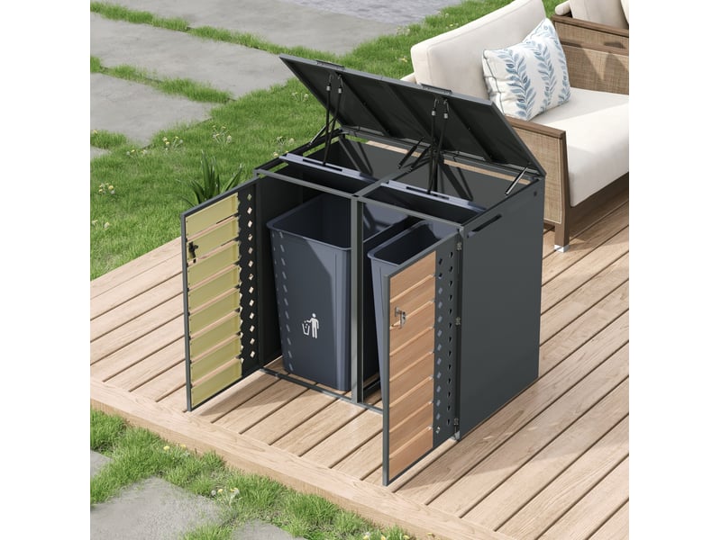  Abri pour poubelles 2 compartiments en acier galvanisé gris effet bois, couvercle hydraulique verrouillable  - Conforama B